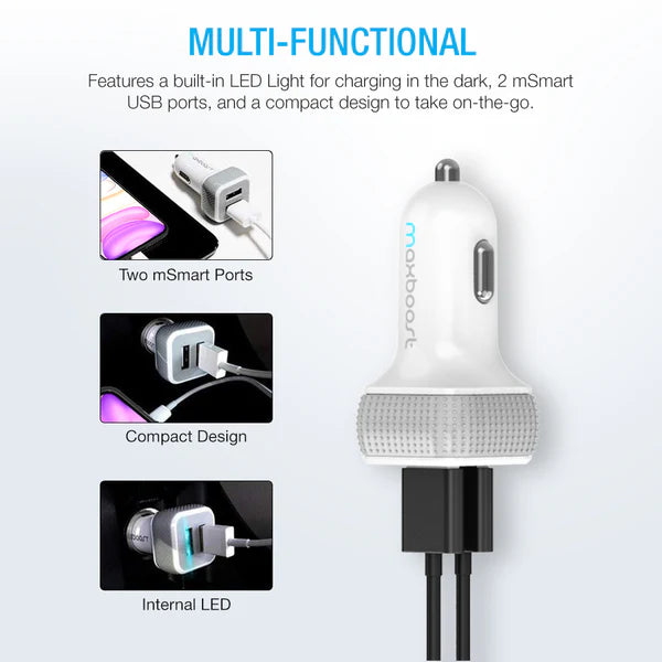 Maxboost Dual USB Car Charger 24W 4.8A Fast Charging Adapter – Black & White