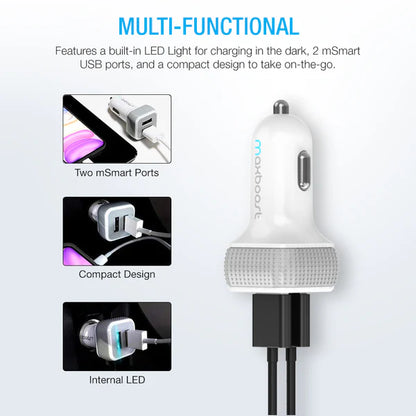Maxboost Dual USB Car Charger 24W 4.8A Fast Charging Adapter – Black & White