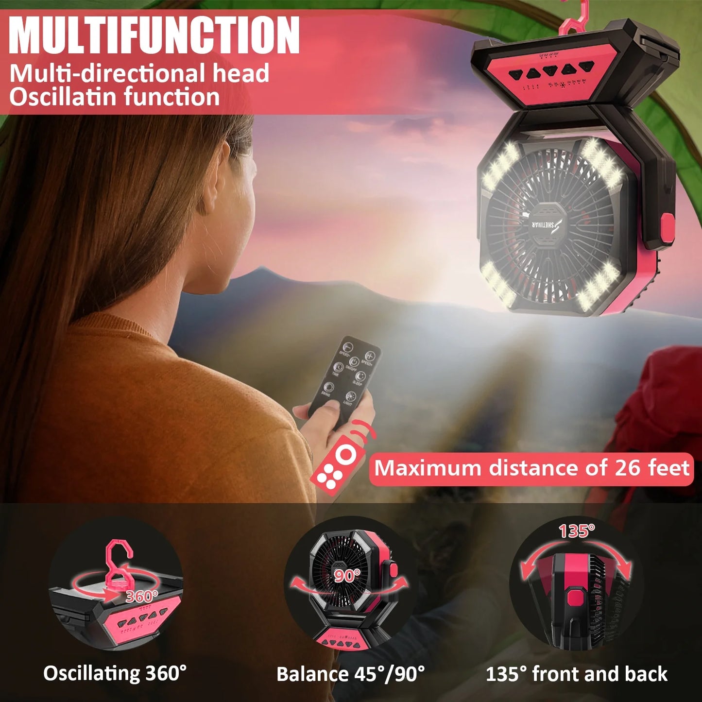20000mAh Rechargeable Portable Fan with LED Light, Remote & Power Bank