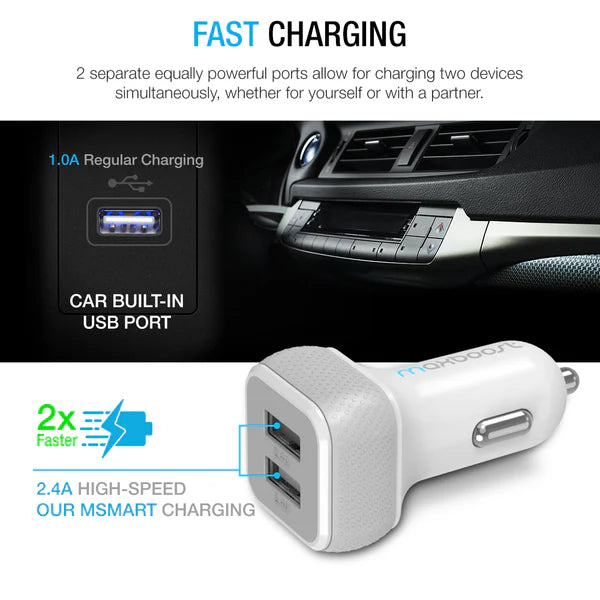 Maxboost Dual USB Car Charger 24W 4.8A Fast Charging Adapter – Black & White