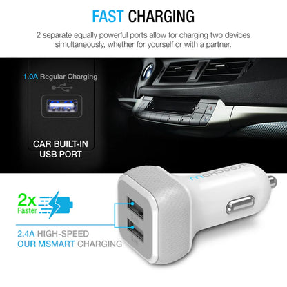 Maxboost Dual USB Car Charger 24W 4.8A Fast Charging Adapter – Black & White