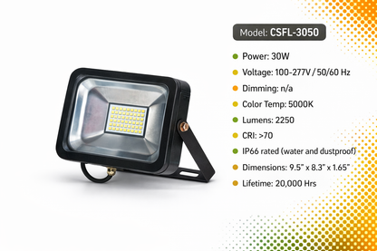 LLT Lighting 30W LED Flood Light Outdoor – 5000K Daylight – 2250 Lumens – IP66 Waterproof Security & Yard Light