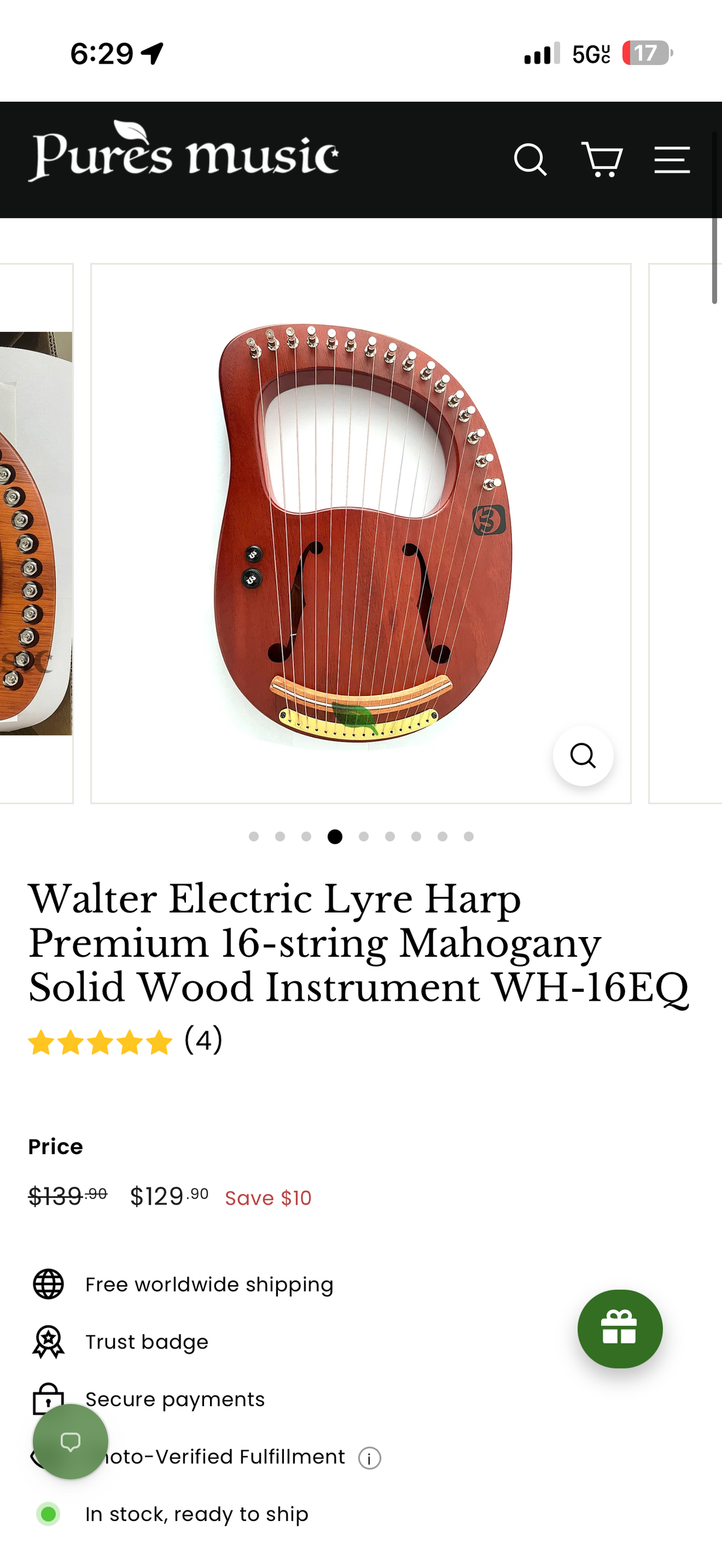 Walter Electric Lyre Harp Premium 16-string Mahogany Solid Wood Instrument WH-16EQ