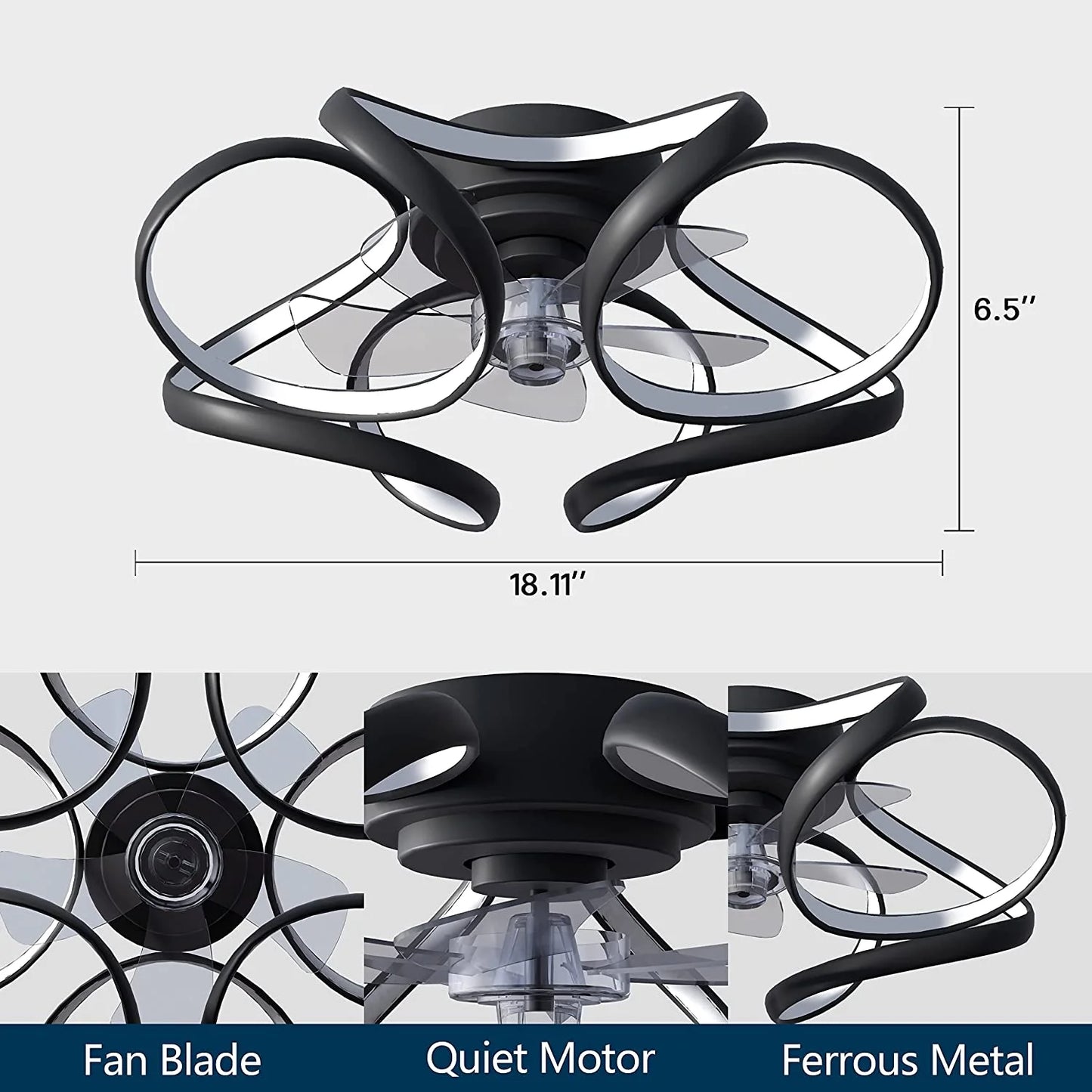 Bladeless Ceiling Fan with LED Light – Flush Mount, Remote Control (Black or White)
