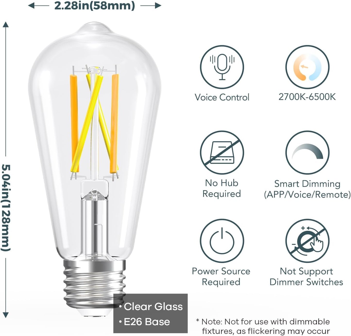 Linkind E26 Smart Edison Bulbs – Tunable White WiFi Vintage ST19 (4-Pack)