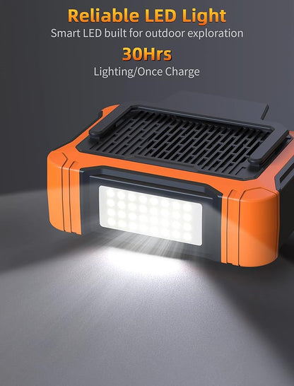 10000mAh Waist Clip Fan with Solar Panel – 30H Runtime, LED Light, Hands-Free Cooling