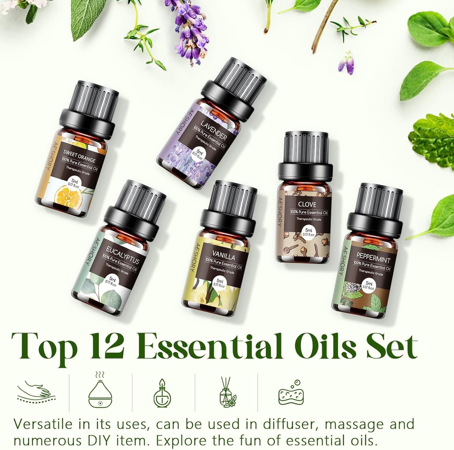 Aeshory Essential Oils Set – 12pcs Aromatherapy Essential Oil Kit (5mL Each) – Diffuser, Massage, DIY & Home Fragrance