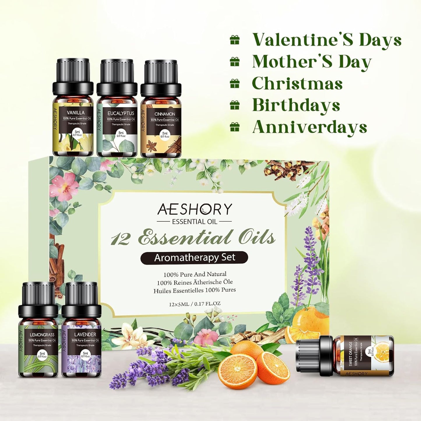Aeshory Essential Oils Set – 12pcs Aromatherapy Essential Oil Kit (5mL Each) – Diffuser, Massage, DIY & Home Fragrance