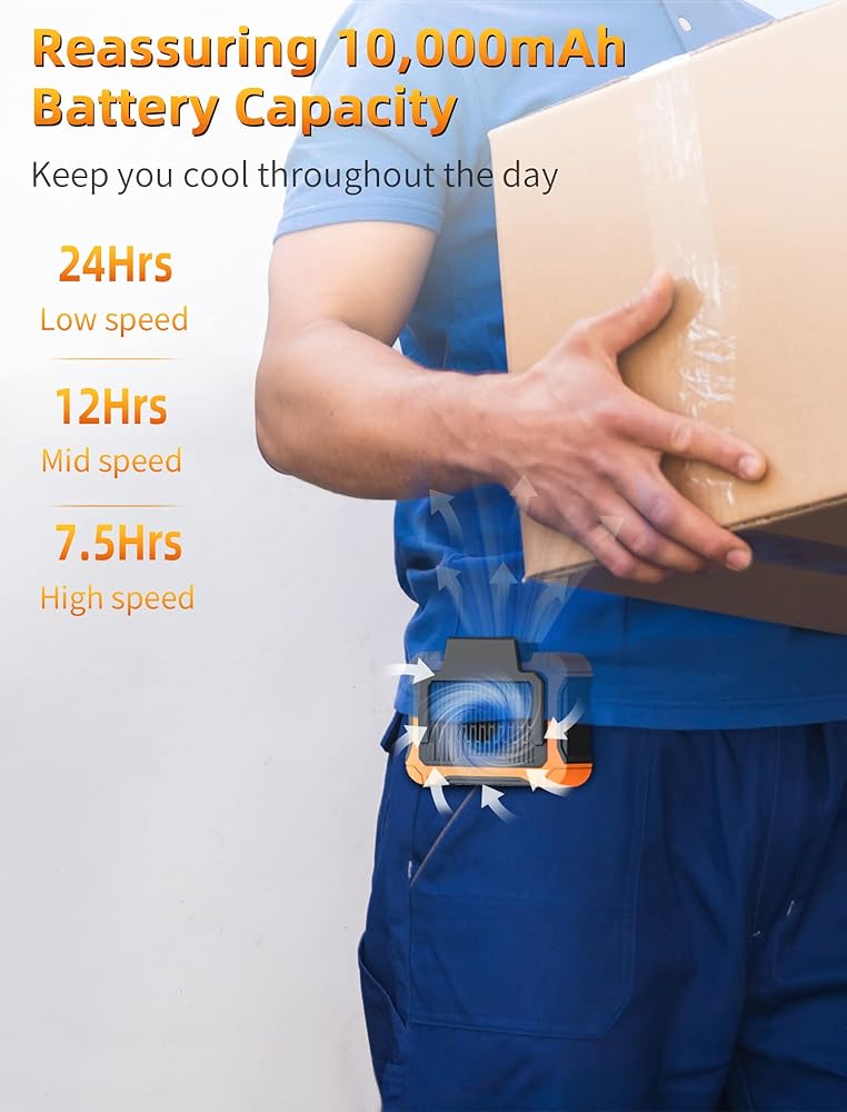 10000mAh Waist Clip Fan with Solar Panel – 30H Runtime, LED Light, Hands-Free Cooling