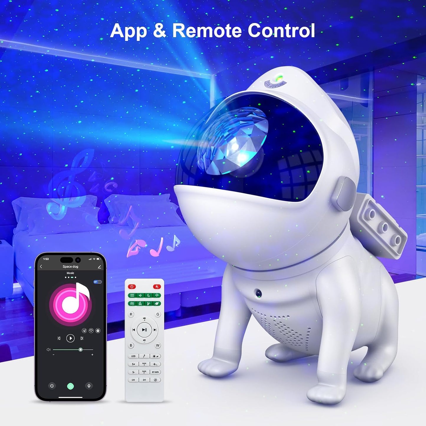 Galaxy Projector Night Light – Space Dog Star Projector with Bluetooth Speaker