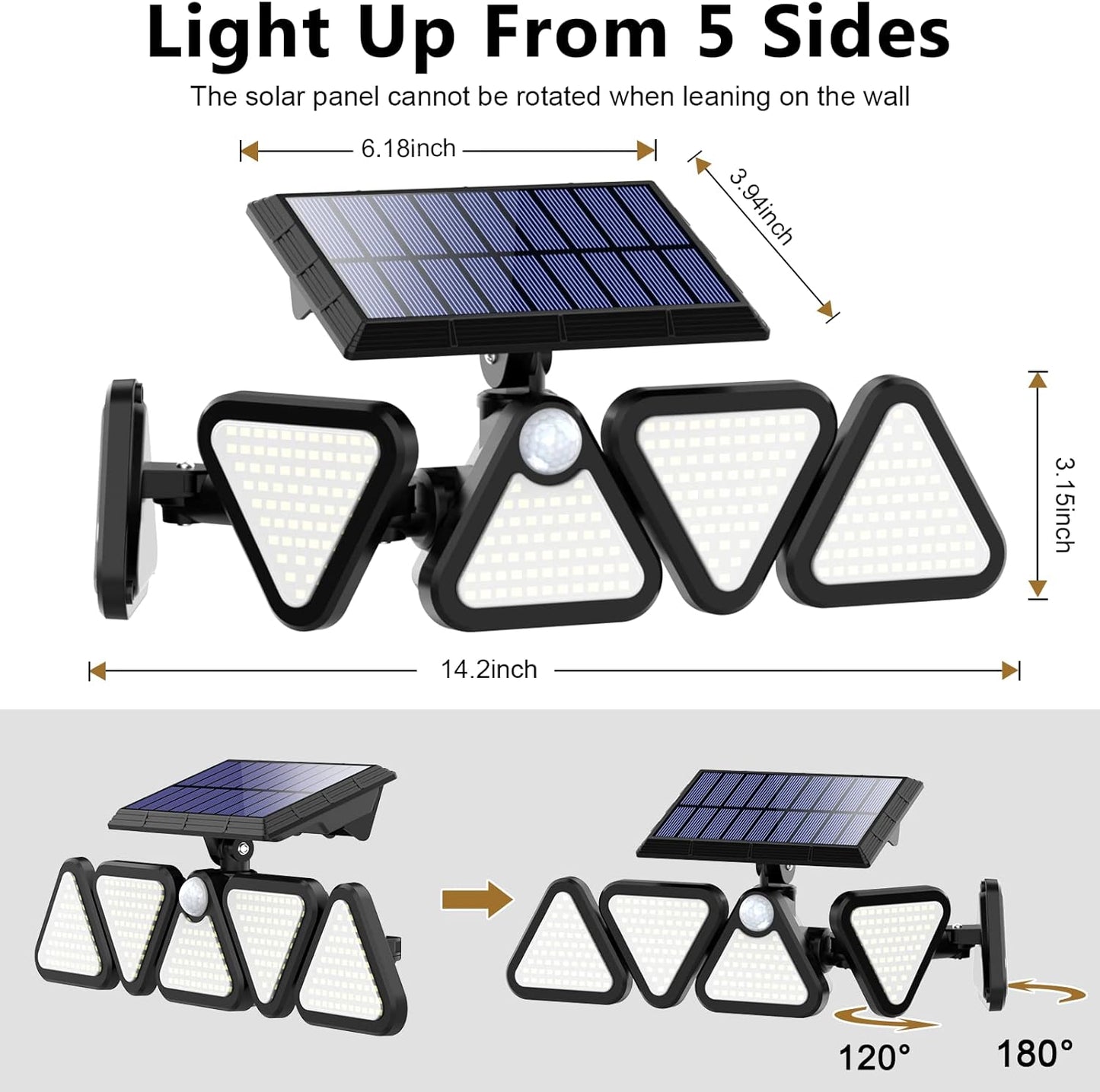 Solar Outdoor Flood Lights – 306 LED, 5 Adjustable Heads, Motion Sensor