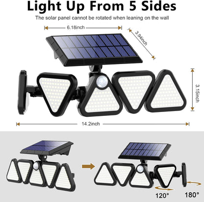 Solar Outdoor Flood Lights – 306 LED, 5 Adjustable Heads, Motion Sensor