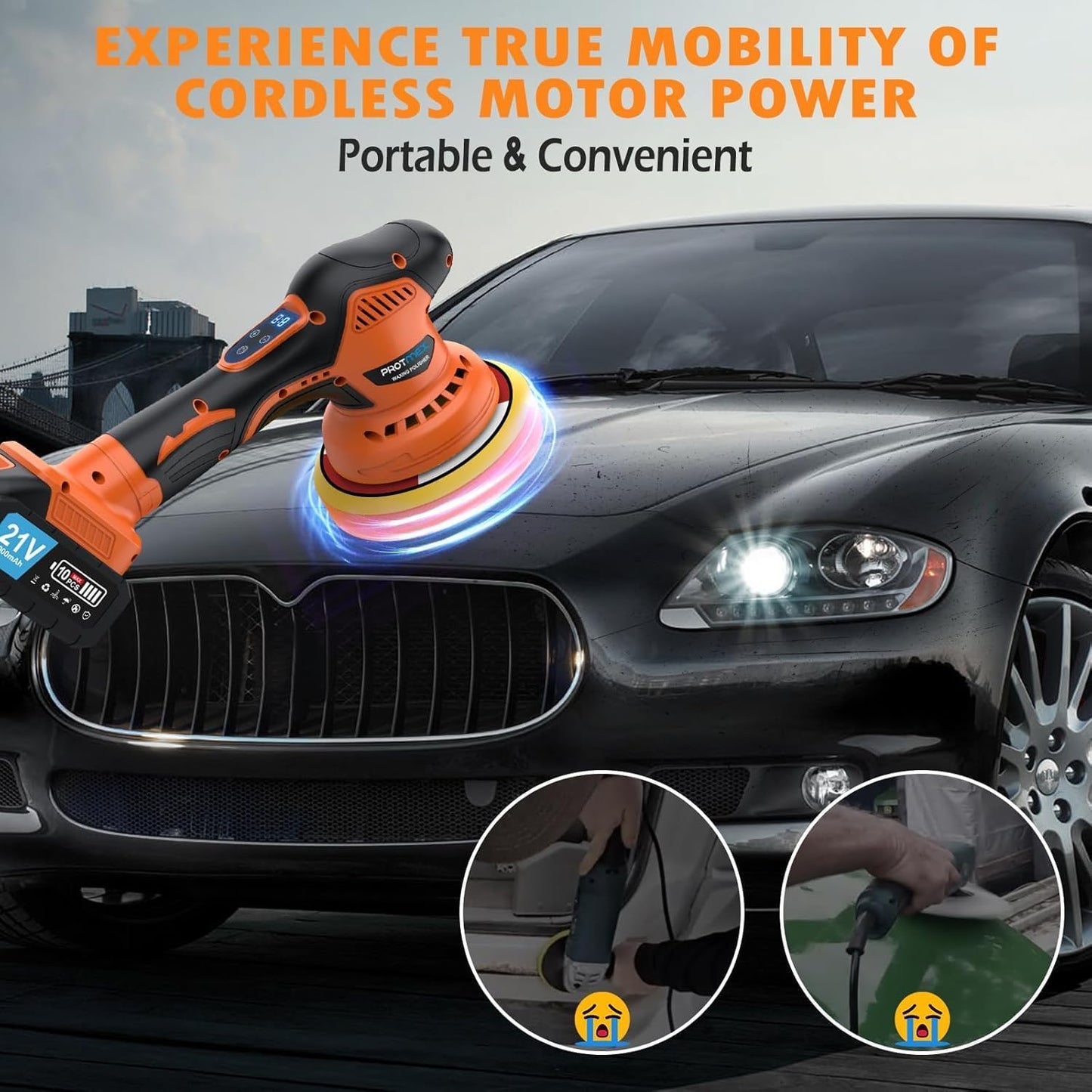 Cordless Car Buffer Polisher Kit – 21V Dual Battery, Touchscreen, 8-Speed