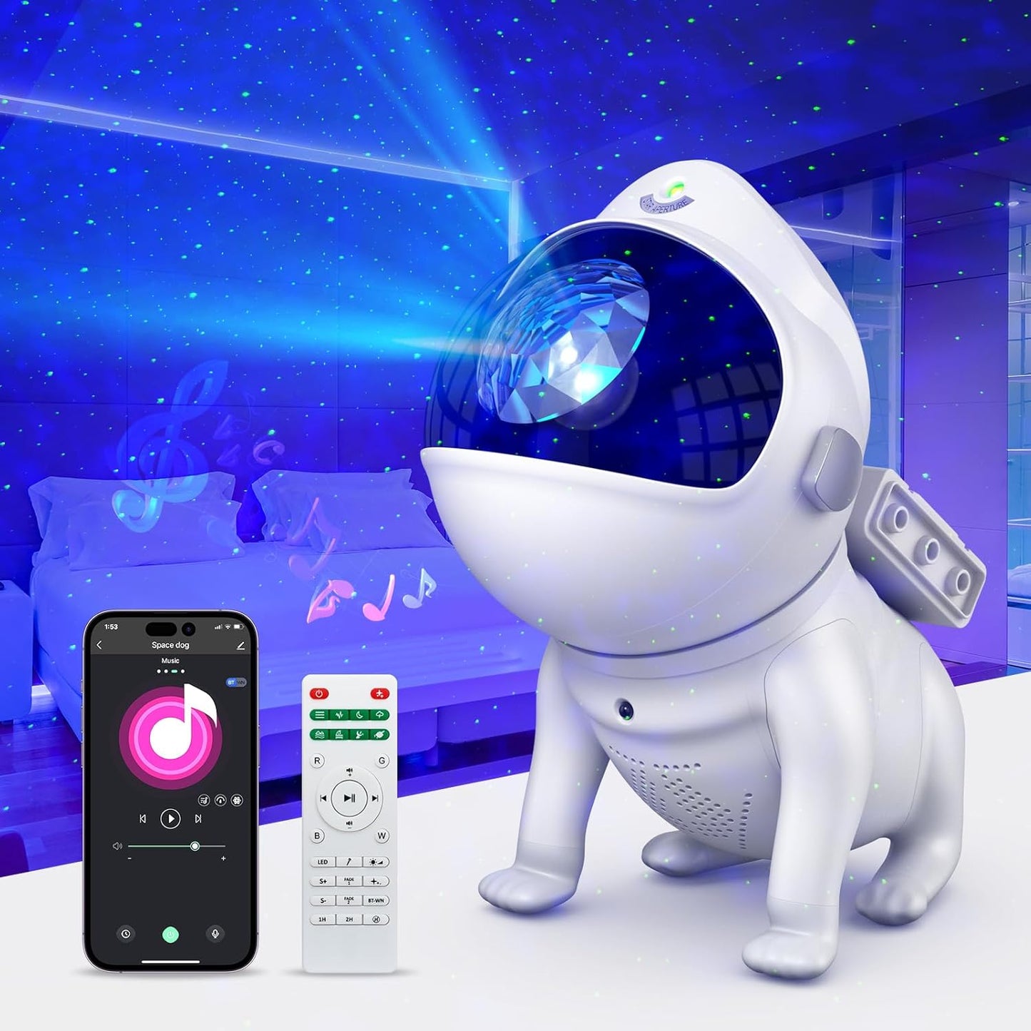 Galaxy Projector Night Light – Space Dog Star Projector with Bluetooth Speaker