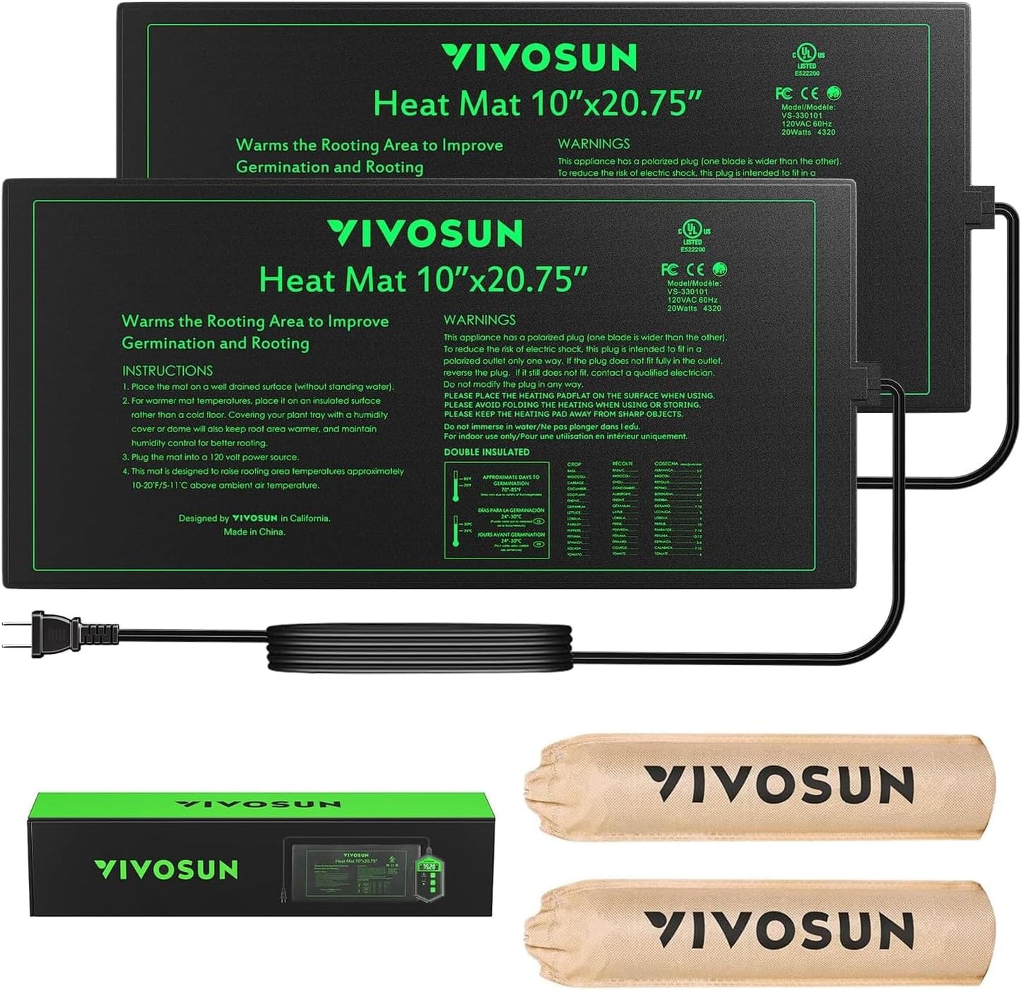 VIVOSUN 2-Pack Heavy Duty Waterproof Seedling Heating Mat – 10x20.7 Inch Hydroponic Heat Mat (MET Standard)