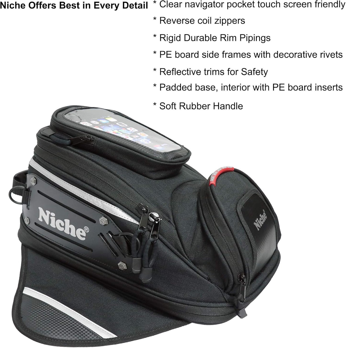 Niche NMO-2216 Magnetic Motorcycle Tank Bag – Waterproof Expandable Saddle Bag with Touchscreen Phone Pocket