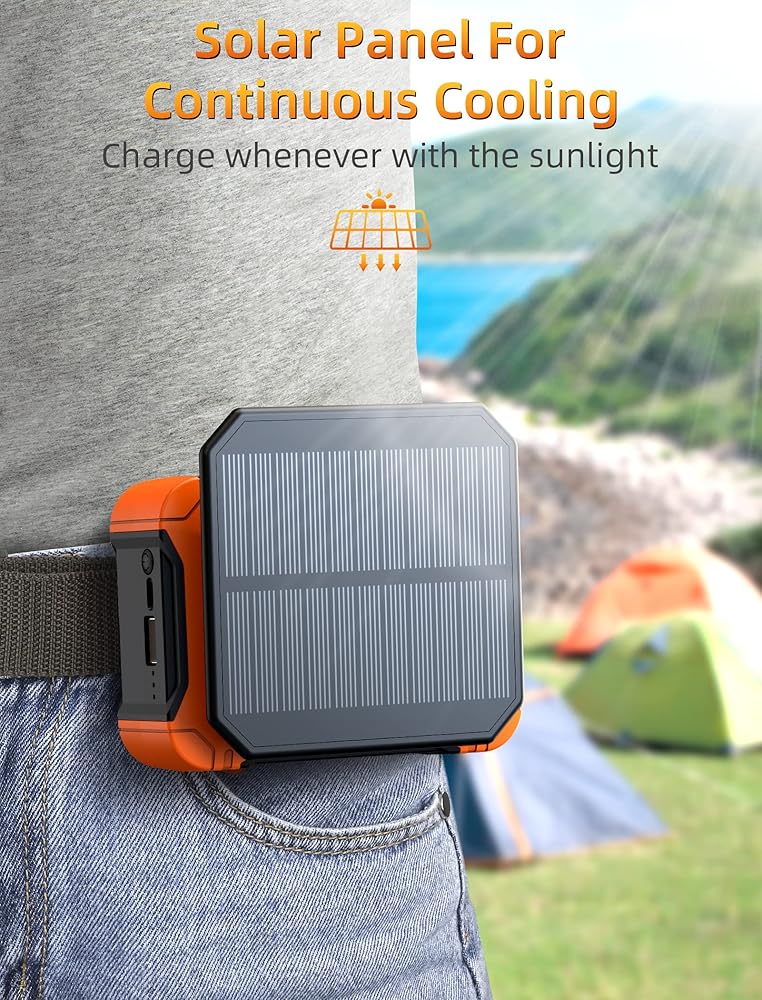 10000mAh Waist Clip Fan with Solar Panel – 30H Runtime, LED Light, Hands-Free Cooling