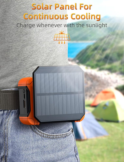 10000mAh Waist Clip Fan with Solar Panel – 30H Runtime, LED Light, Hands-Free Cooling