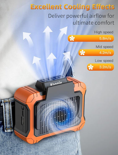10000mAh Waist Clip Fan with Solar Panel – 30H Runtime, LED Light, Hands-Free Cooling