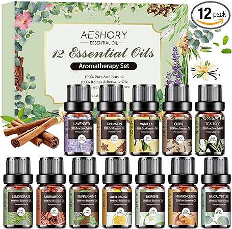 Aeshory Essential Oils Set – 12pcs Aromatherapy Essential Oil Kit (5mL Each) – Diffuser, Massage, DIY & Home Fragrance