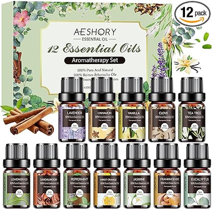 Aeshory Essential Oils Set – 12pcs Aromatherapy Essential Oil Kit (5mL Each) – Diffuser, Massage, DIY & Home Fragrance