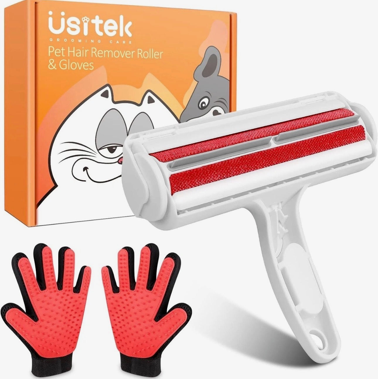 Usitek Pet Hair Remover Roller & Grooming Gloves Kit – Reusable Fur Cleaning & Grooming Set