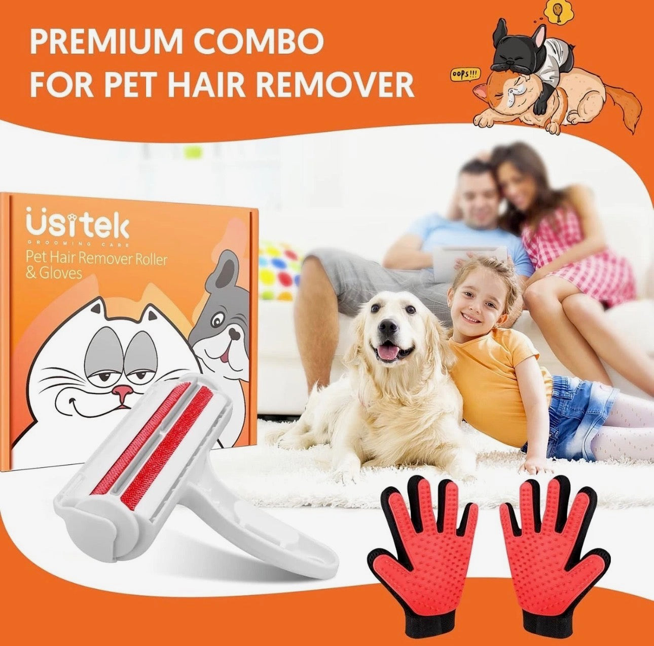 Usitek Pet Hair Remover Roller & Grooming Gloves Kit – Reusable Fur Cleaning & Grooming Set