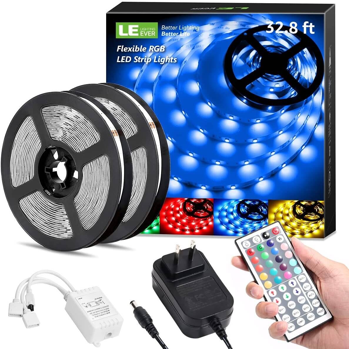 32.8ft RGB LED Strip Lights Kit – Color Changing with Remote & Full Installation Kit