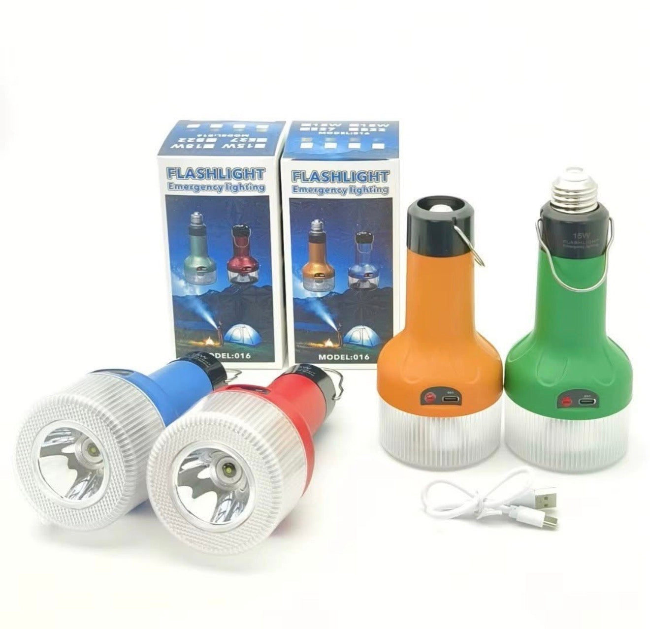 15W USB Rechargeable Emergency Flashlight – E27 Lamp Head – Type-C Charging – High Brightness