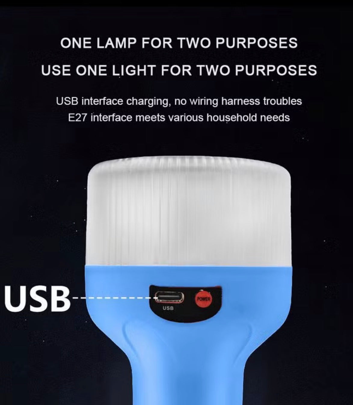 15W USB Rechargeable Emergency Flashlight – E27 Lamp Head – Type-C Charging – High Brightness