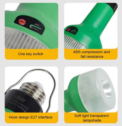 15W USB Rechargeable Emergency Flashlight – E27 Lamp Head – Type-C Charging – High Brightness