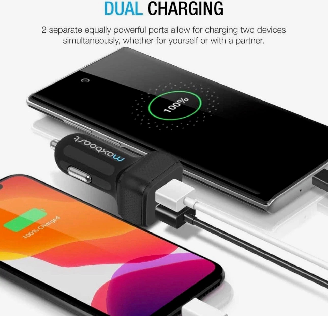 Maxboost Dual USB Car Charger 24W 4.8A Fast Charging Adapter – Black & White