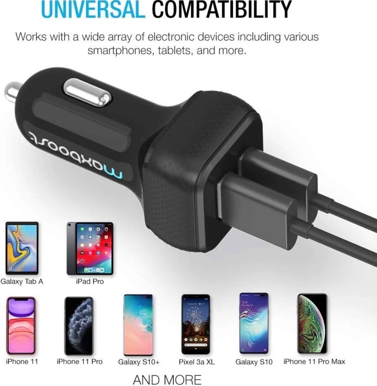 Maxboost Dual USB Car Charger 24W 4.8A Fast Charging Adapter – Black & White