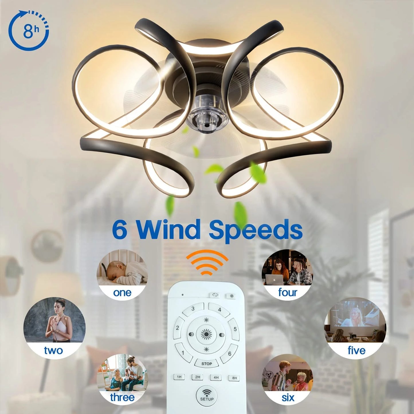 Bladeless Ceiling Fan with LED Light – Flush Mount, Remote Control (Black or White)