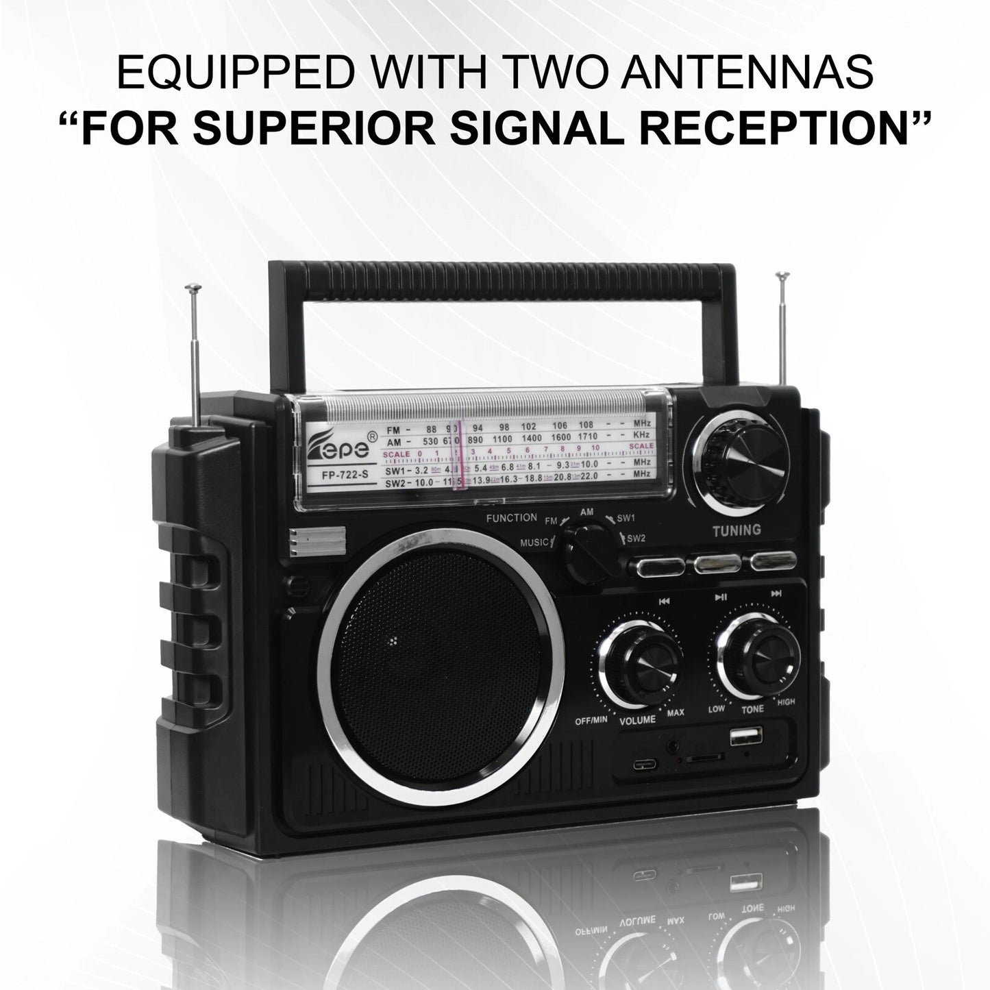 Dual Solar Speaker FP-722-S – AM/FM/SW Radio with Bluetooth & Subwoofer